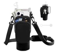 JEBEALUO Water Bottle Carrier Bag with Phone Pocket for Stanley Cup 40/30 oz, Water Bottle Holder with Adjustable Strap& Straw Cover, Stanley Cup Accessories (Black)