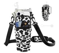 JEBEALUO Water Bottle Carrier Bag with Phone Pocket for Stanley Cup 40/30 oz, Water Bottle Holder with Adjustable Strap& Straw Cover, Stanley Cup Accessories (Cow)