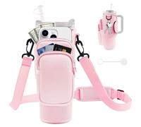 JEBEALUO Water Bottle Carrier Bag with Phone Pocket for Stanley Cup 40/30 oz, Water Bottle Holder with Adjustable Strap& Straw Cover, Stanley Cup Accessories (Pink)