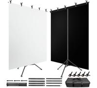 JEBUTU Black White Backdrop with Stand 1.5m x 2.1m (5ft x 6.8ft), 2-in-1 Reversible Black & White Photography Backdrop Kit with 5 Clamps for Photography, Portrait, Video, Studio, Shooting, Photoshoot