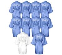 Jecery 10 Pcs Bride Bridesmaid Robes Kimono Rhinestones Short Satin Robes for Women Wedding Party, White and Light Blue, One Size
