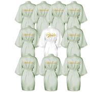 Jecery 10 Pcs Women Bride Kimono Robe Embroidered Getting Ready Satin Bridesmaid Robes for Wedding Party Bridal Shower, White, Light Green, One Size