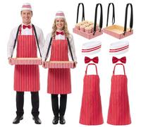 Jecery 12 Pieces Halloween Adult Waiter Costume Set | Retro 1950s Red and White Striped, Popcorn Vendor, Wooden Snack Trays Apron Chef Hats and Bow Ties Adjustable Crossbody Strap
