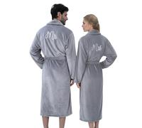 Jecery 2 Pcs His and Hers Robes for Couples Mr and Mrs Bathrobes Flannel Embroidered Matching Robes Wedding Engagement Gifts, Gray, One Size