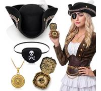 Jecery 4 Pcs Halloween Women Renaissance Pirate Cosplay Accessories with Feather Tricorn Hat Eyepatch Compass Gold Necklace (White Feather)