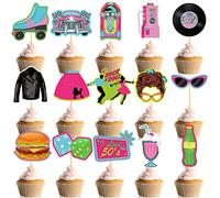 Jecery 45 Pcs 1950s Cupcake Topper Rock and Roll Music Party Decorations | 50s Music Soda Shop Cake Decoration for Retro 60's Theme Party, Jukebox Records Skates Poodle Skirt Designs