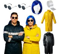 Jecery 6 Pcs 2 Set Couples Halloween Cosplay Costumes for Adults Horror Movie Character Couple Costumes Coats Outfit with Blue Hair Wig Sliver Tapes and 2 Pack Glasses for Halloween Cosplay