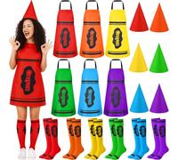 Jecery 6 Set Halloween Crayon Costume Adult Color Crayon Aprons Gnome Cone Hats Neon Striped Socks Halloween Group Family Costumes for Adults Fancy Dress up Outfit Birthday Party Cosplay