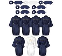 Jecery 7 Pcs Bridesmaid Robe Sets Bride Silk Satin Bridal Party with Sleeping Eye Mask and Elastic Headband, White, Navy Blue, One Size