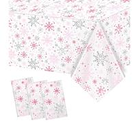 Jecery Frozen Snowflake Tablecloth Frozen Birthday Party Decorations Winter Frozen Wonderland Plastic Table Cover Cloth for Kid Girl Birthday Baby Shower Party Supplies(Pink, 3 Pcs)