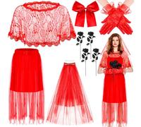 Jecery Halloween Women Bride Costume 80s Red Gothic Wedding Cosplay with Red Lace Blouse Gloves Dress Veil Bow Hair Pin and Black Artificial Rose for Halloween Day of Dead
