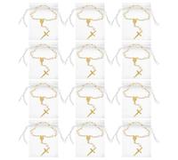 JECOMPRIS 12 Sets Mini Rosary Prayer Cross Bracelets with White Pearl Beads and Gold Tone, 7x9cm Baptism Beaded Wrist Jewelry for Religious Celebrations, Communion, and Party