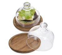 JECOMPRIS 2 Pcs Acacia Wood Cake Stand with Lid Round Cake Plate with Glass Dome Attractive Display and Pastries Keeps Food Clean for Home Parties