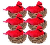 JECOMPRIS 6Pcs Mini Cardinal Bird Ornaments with 5Cm Nest Set, Lifelike Red Bird Christmas Decorations for Tree, Wreath, Garden and Outdoor Holiday Display
