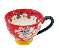 JECOMPRIS Ceramic Coffee Mug Large Capacity with Red Floral Embossed Design Hand Painted Breakfast Cup Suitable for Oatmeal Yogurt and Hot Drinks
