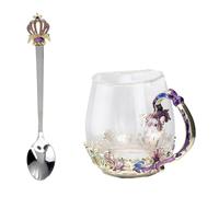 JECOMPRIS Enamel Glass Drinking Cup Heat Resistant Reusable Beverage Mug for Flower Tea Milk Water Thick Crystal Glassware with Spoon Easy to Clean and Explosion