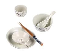 JECOMPRIS Japanese Dinnerware Set 6pcs for Single Use, Ceramic Tableware with Bowl, Plate, Cup, Spoon, Chopsticks in Blue-Green, Porcelain Japanese Plates and Bowls for Home Dining