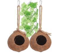 JECOMPRIS Reptile Pet Nest House with Hanging Rope Design 4pcs Natural Coconut Shell and Comfortable Imitation Grass Suitable for Small Pets and Lizards