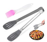 JECOMPRIS Silicone Food Tong and Cooking Oil Brush Set 9-inch Grey Reusable Steak Tong Heat-Resistant Household BBQ Kitchen Essentials for Grilling and Cooking Random Color