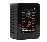 Jectse 6 in 1 Air Quality Monitor, Multifunctional Air Quality Tester, Indoor PM2.5 PM10 HCHO TVOC CO CO2 Detector for Home Office Hotel, Big Screen, 4 Color Segments (MT07CO Black)