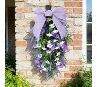 Jectse Artificial Lavender Wreath, Simulation Door Hanging Decor, Purple Bow Spring Wreath for Home Wall Garden, Indoor Outdoor Multipurpose Ornament, Floral Garland Decoration (Purple Lavender