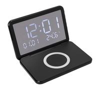 Jectse Digital Alarm Clock with Wireless Charging, 15W Fast Wireless Charger with Pad for Smart Phone, Calendar Thermometer Foldable LED Mirror Electronic Alarm Clock for Bedroom (Black)