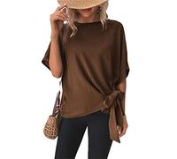 JECTZ Women's Casual Off Shoulder Tunic Tops Neck solid color Long Sleeve T Shirt Blouse women Batwing Sleeves tops womens Loose knotted hem top(Coffee/M)
