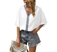 JECTZ Womens Plus Size V Neck Knot Tie Front Summer Chiffon Blouses Tops Loose 3/4 Batwing Sleeve Shirts Ladies Tops Summer Womens Blouse UK V Neck Chiffon Shirt with Lace Dot White