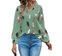 JECTZ Womens Tops Long Sleeve Casual V Neck Tops Feather Print Shirts Button Jumpers Blouses Womens Casual V Neck Tunic Blouses Rolled Up Sleeve Top(Green/XXL)