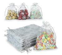Jedebartey Organza Gift Bag 5.2 x 7 inch, 20 PCS Silver Foil Patterns Drawstring Pouch, White Medium Mesh Favor Bags for Jewellery Wedding Birthday Party (Silver)