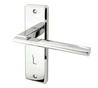 Jedo Delta Chrome Door Handle, 180mm x 50mm Backplate, 127mm Lever, Lock Style, Model # JV3003PC