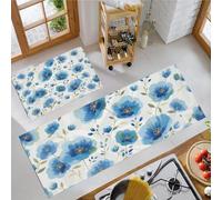 JEDTAKCT 2 Piece Hand-Painted Watercolor Poppy Kitchen Rug Set, Natural Plant Blue-Green Decor Kitchen Mats For Floor, Absorbent Non-Slip Washable Floor Mats, Home Indoor Runner Rugs 20"X30"+20"X59"