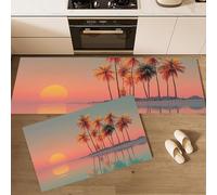 JEDTAKCT 2 Piece Sunset Island Scene Kitchen Rug Set, Tropical Palm Trees Coral Orange Decor Kitchen Mats For Floor, Absorbent Non-Slip Washable Floor Mats, Home Indoor Runner Rugs 17"X30"+17"X47"