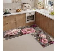 JEDTAKCT 2 Piece Vintage Peony Flowers Kitchen Rug Set, Medieval Plants Pinkish-Grey Decor Kitchen Mats For Floor, Absorbent Non-Slip Washable Floor Mats, Home Indoor Runner Rugs 17"X30"+17"X47"