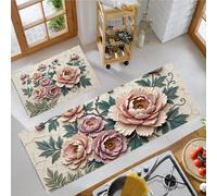 JEDTAKCT 2 Pieces Beige 3D Chinese Peony Relief Kitchen Floor Mats Rugs, Antique Crack Kitchen Rugs Non Slip For Decoration, Washable Door Mats For Hallway Entryway 50X80Cm+50X150Cm
