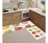 JEDTAKCT 2 Pieces Beige Watercolor Fruit Illustration Kitchen Floor Mats Rugs, Hand-Drawn Mango Apple Kitchen Rugs Non Slip For Decoration, Washable Door Mats For Hallway Entryway 43X75Cm+43X150Cm