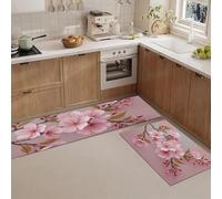 JEDTAKCT 2 Pieces Non Slip Kitchen Rug Sets, Spring Cherry Blossoms Washable Kitchen Floor Mat Botanical Oil Painting Absorbent Runner Carpet Pink Standing Mat For For Hallway Entryway Decoration