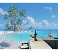 JEDTAKCT 3D Effect Panoramic Mural Wallpaper Coconut Trees On an Island Wall Mural Tropical Landscape Murals Retro Sky Blue Sofa Tv Background Decoration Wallpaper for Living Room Bedroom, 200X140Cm