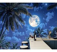 JEDTAKCT 3D Effect Panoramic Mural Wallpaper Full Moon Night Sky Landscape Wall Mural Tropical Plants Murals Retro Navy Blue Sofa Tv Background Decoration Wallpaper for Living Room Bedroom, 400X280Cm