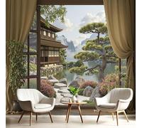 JEDTAKCT 3D Effect Panoramic Mural Wallpaper Japanese Garden Window View Wall Mural Retro Architecture Murals Retro Brown Sofa Tv Background Decoration Wallpaper for Living Room Bedroom, 400X280Cm