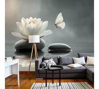JEDTAKCT 3D Effect Panoramic Mural Wallpaper Lotus Butterfly Rock Wall Mural Meditation Landscape Murals Retro Gray Sofa Tv Background Decoration Wallpaper for Living Room Bedroom, 450X315Cm