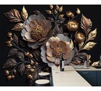 JEDTAKCT 3D Effect Panoramic Mural Wallpaper Metal Flower Relief Wall Mural Vintage Plant Murals Retro Black and Gold Sofa Tv Background Decoration Wallpaper for Living Room Bedroom, 450X315Cm