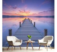 JEDTAKCT 3D Effect Panoramic Mural Wallpaper Retro Wooden Bridge Over The Ocean Wall Mural Sunset View Murals Retro Purple Sofa Tv Background Decoration Wallpaper for Living Room Bedroom, 350X256Cm