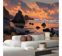 JEDTAKCT 3D Effect Panoramic Mural Wallpaper Sunset On A Rocky Beach Wall Mural Natural Landscape Murals Retro Burnt Orange Sofa Tv Background Decoration Wallpaper for Living Room Bedroom, 400X280Cm