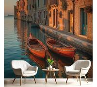 JEDTAKCT 3D Effect Panoramic Mural Wallpaper Sunset Over A Lake Streets Wall Mural Retro City Murals Retro Burnt Orange Sofa Tv Background Decoration Wallpaper for Living Room Bedroom, 400X280Cm