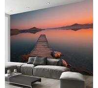 JEDTAKCT 3D Effect Panoramic Mural Wallpaper Vintage Wooden Bridge Lake Wall Mural Sunset View Murals Retro Orange Sofa Tv Background Decoration Wallpaper for Living Room Bedroom, 250X175Cm