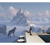 JEDTAKCT 3D Effect Panoramic Mural Wallpaper Winter Mountain Castle Wall Mural Wolf Pack Landscape Murals Retro Sky Blue Sofa Tv Background Decoration Wallpaper for Living Room Bedroom, 350X256Cm