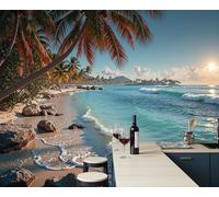 JEDTAKCT 3D Effect Photo Wallpaper Palm Trees On The Beach Sunset View 300X210Cm Mural Panoramic Wall Tapestry Deep Blue Large Photo Wallpaper Mural Bedroom Living Room Wallpapers Decoration