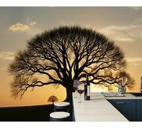 JEDTAKCT 3D Effect Photo Wallpaper Sunset Acacia Tree Grassland Landscape 350X256Cm Mural Panoramic Wall Tapestry Mustard Yellow Large Photo Wallpaper Mural Bedroom Living Room Wallpapers Decoration