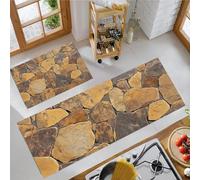 JEDTAKCT 3D Farmhouse Stone Wall Kitchen Mats Non Slip Washable Kitchen Rug Sets 2 Piece Tan Abstract Geometric Carpet Runners Floor Mat For Hallway Laundry Room 40X60Cm+40X120Cm